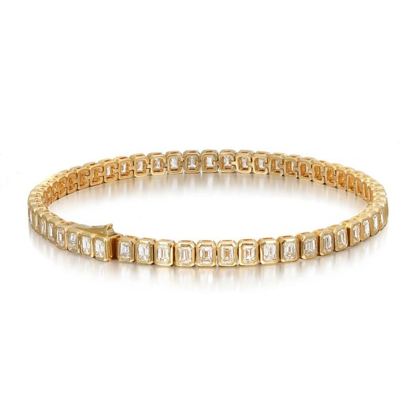 Bezel Set Emerald Cut Diamond Tennis Bracelet 18K Yellow Gold 4.84Cttw 7 Inches - Picture 3 of 6